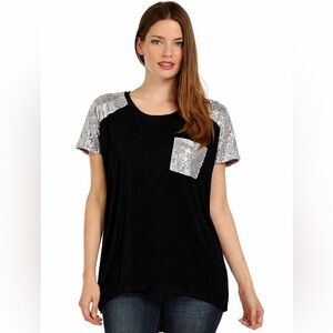 POL Sequin Shoulder & Pocket Tee - Black with Silver